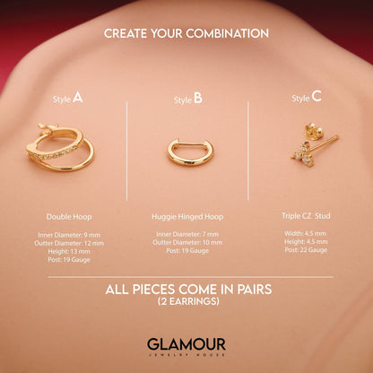 Macro detail of the Double Hoop Stud Earring Set showcasing craftsmanship in 18K Gold Vermeil. No green marks, handmade.