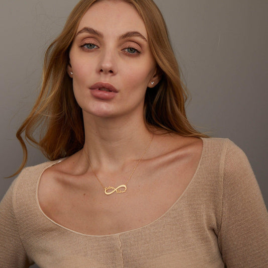 Close detail of the Double Infinity Name Necklace in 18K Gold Vermeil. Safe for sensitive skin, premium handmade jewelry.
