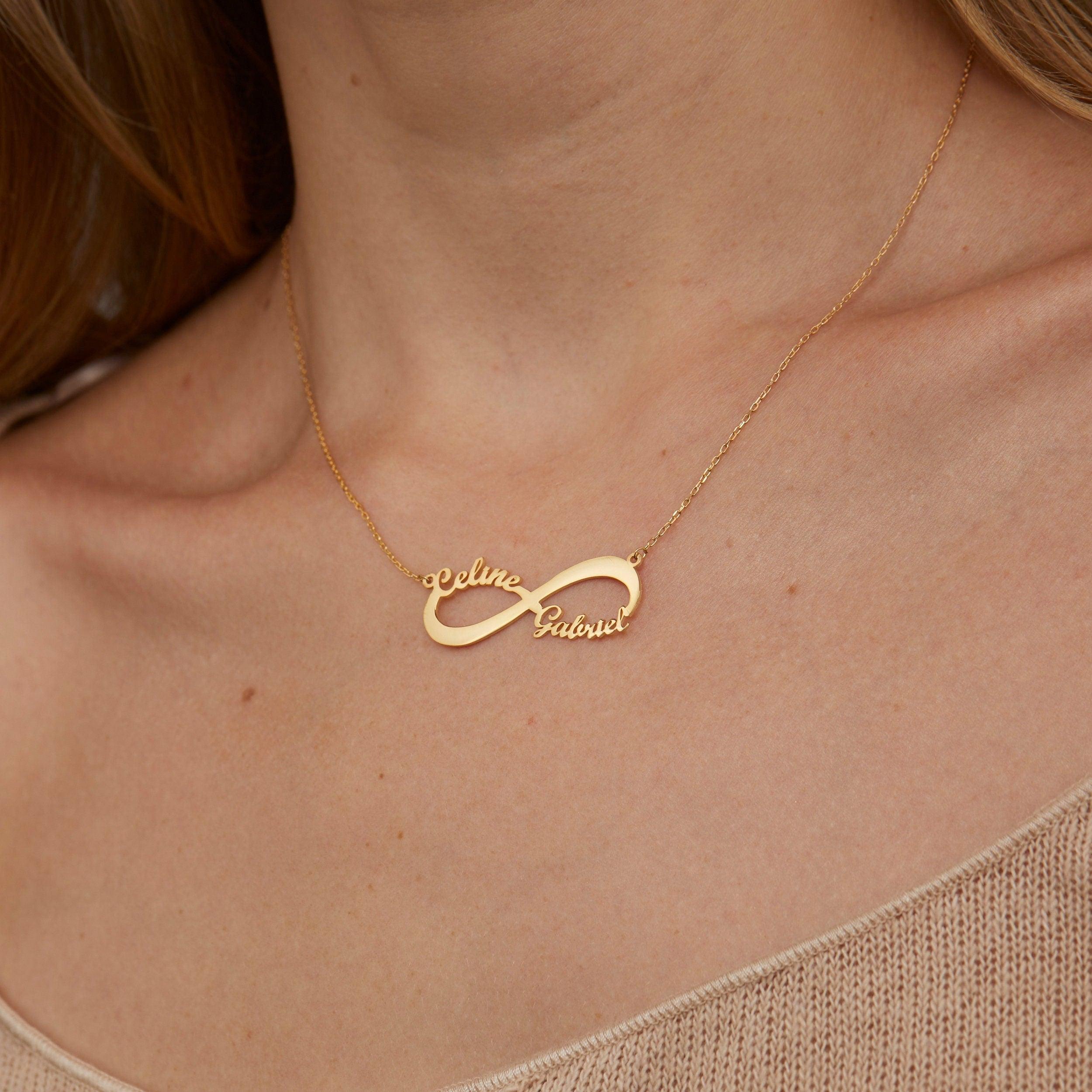 Double Infinity Name Necklace in Glamour Jewelry House gift box — 18K Gold Vermeil mother's day gift. Tarnish-resistant.