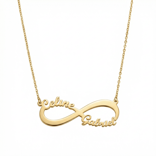 Double Infinity Name Necklace in 18K Gold Vermeil. Tarnish-resistant, perfect for daily wear.