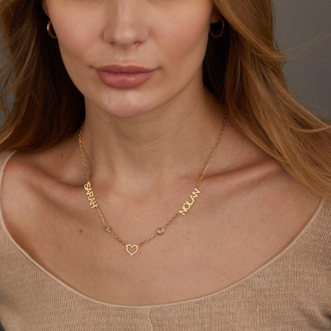 Close detail of the Double Name Necklace with Birthstone in 18K Gold Vermeil with Birthstone. Safe for sensitive skin.