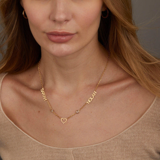 Close detail of the Double Name Necklace with Birthstone in 18K Gold Vermeil with Birthstone. Safe for sensitive skin.