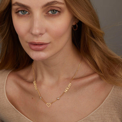 Double Name Necklace with Birthstone as a thoughtful birthday gift in 18K Gold Vermeil with Birthstone. Hypoallergenic, no.