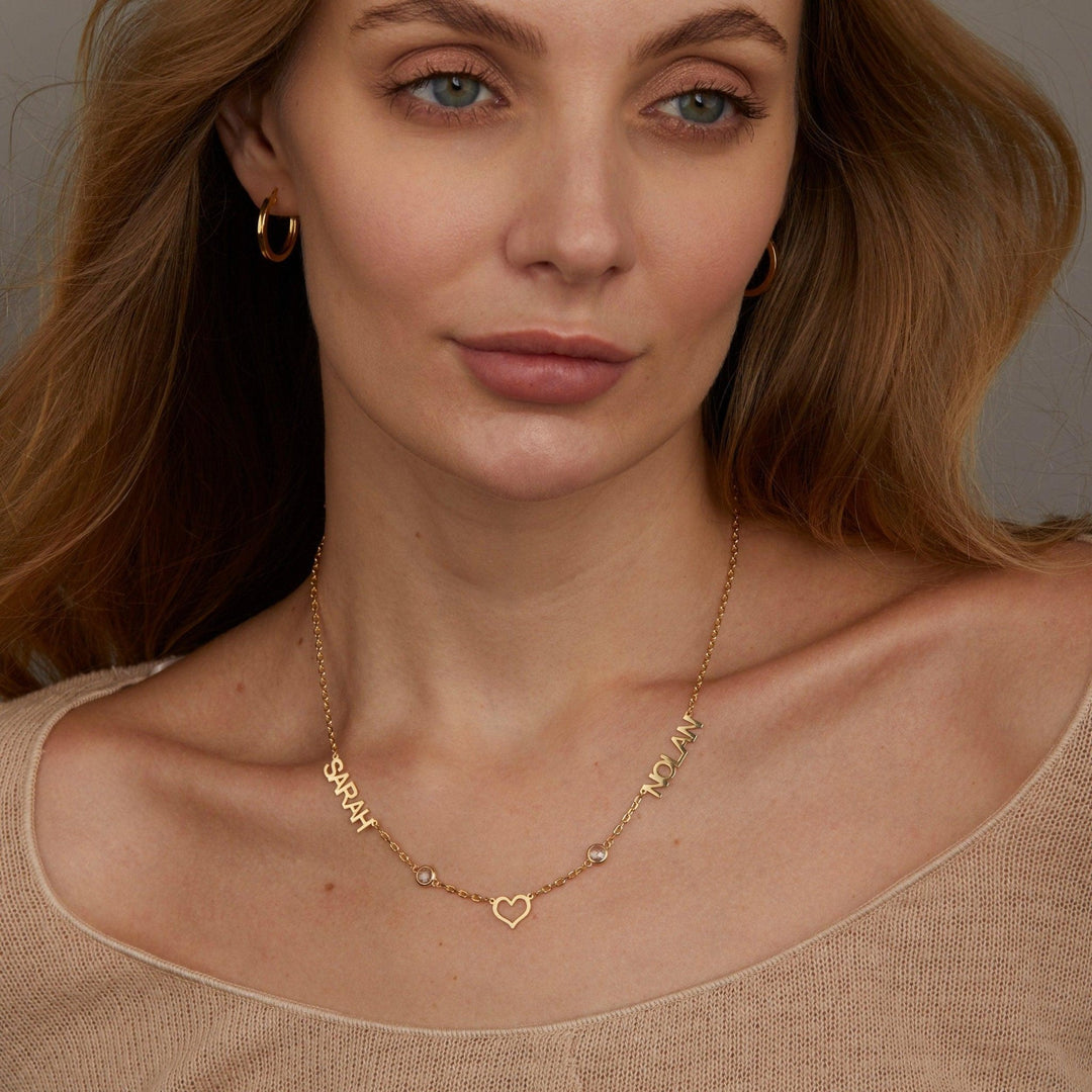 The Double Name Necklace with Birthstone styled in 18K Gold Vermeil — elegant everyday jewelry. Hypoallergenic, no green.