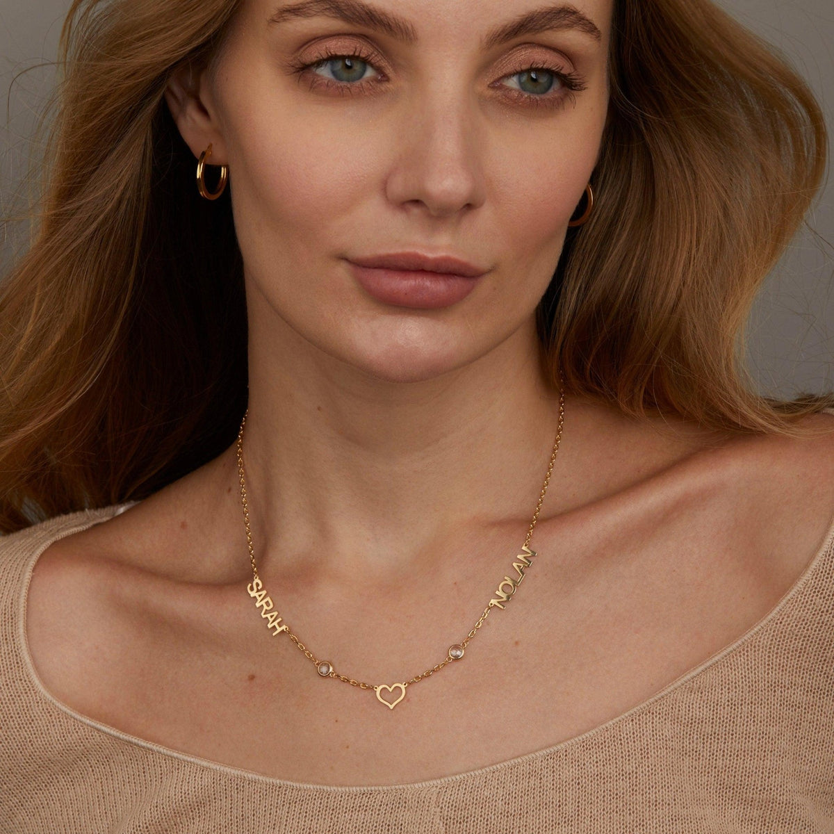 The Double Name Necklace with Birthstone styled in 18K Gold Vermeil — elegant everyday jewelry. Hypoallergenic, no green.