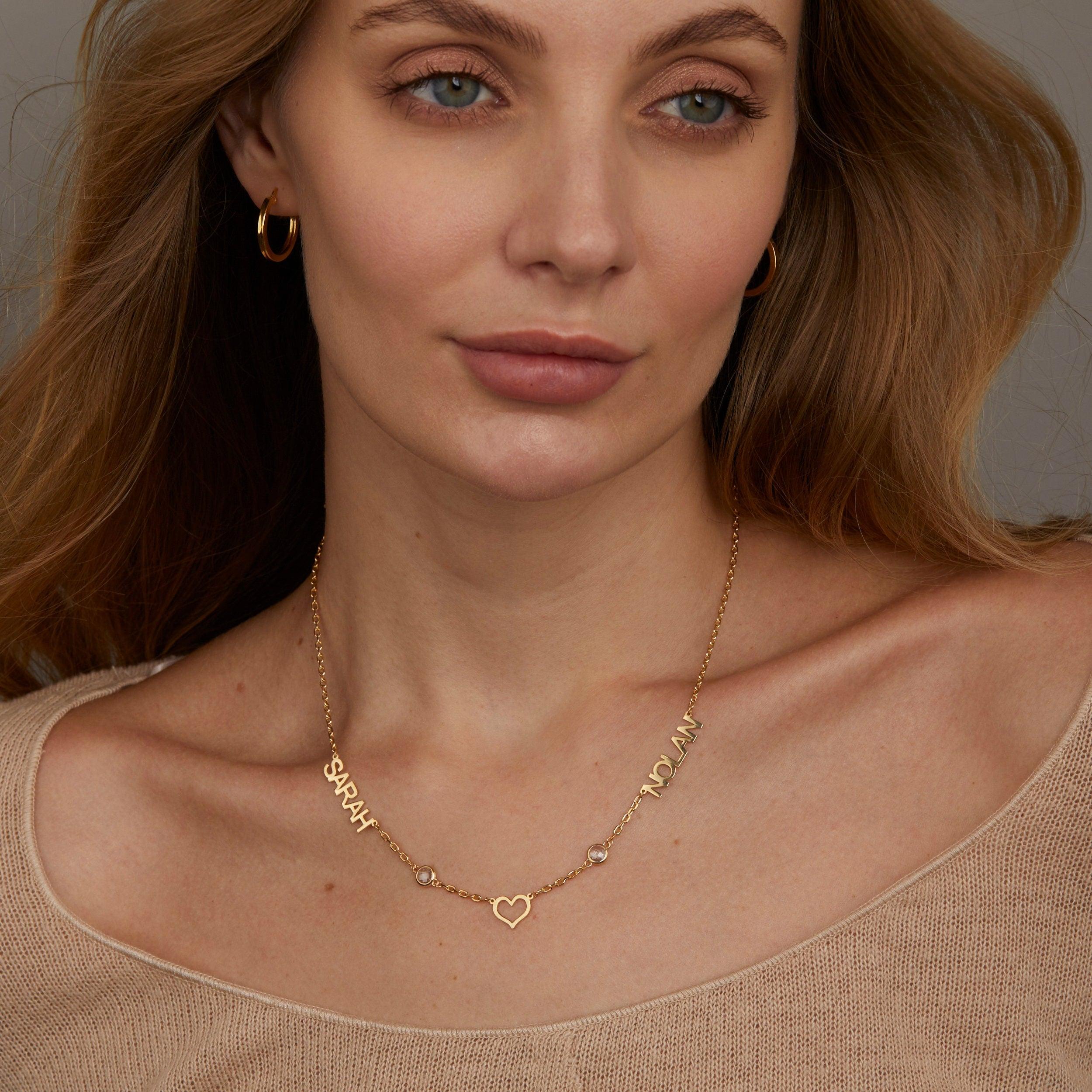 The Double Name Necklace with Birthstone styled in 18K Gold Vermeil — elegant everyday jewelry. Hypoallergenic, no green.