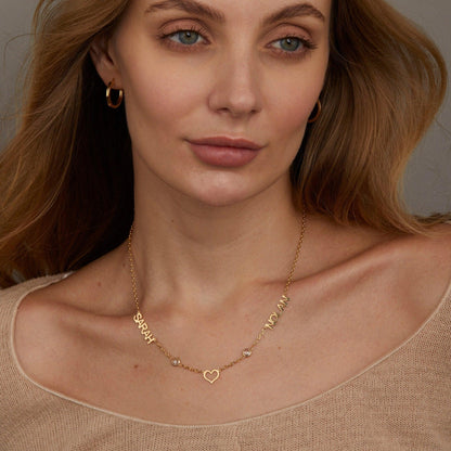 The Double Name Necklace with Birthstone styled in 18K Gold Vermeil — elegant everyday jewelry. Hypoallergenic, no green.