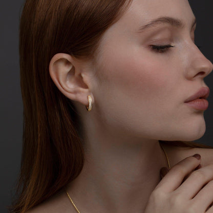 Close detail of the Double Row Huggie Hoop Earring in 18K Gold Vermeil. Tarnish-resistant, premium handmade jewelry.