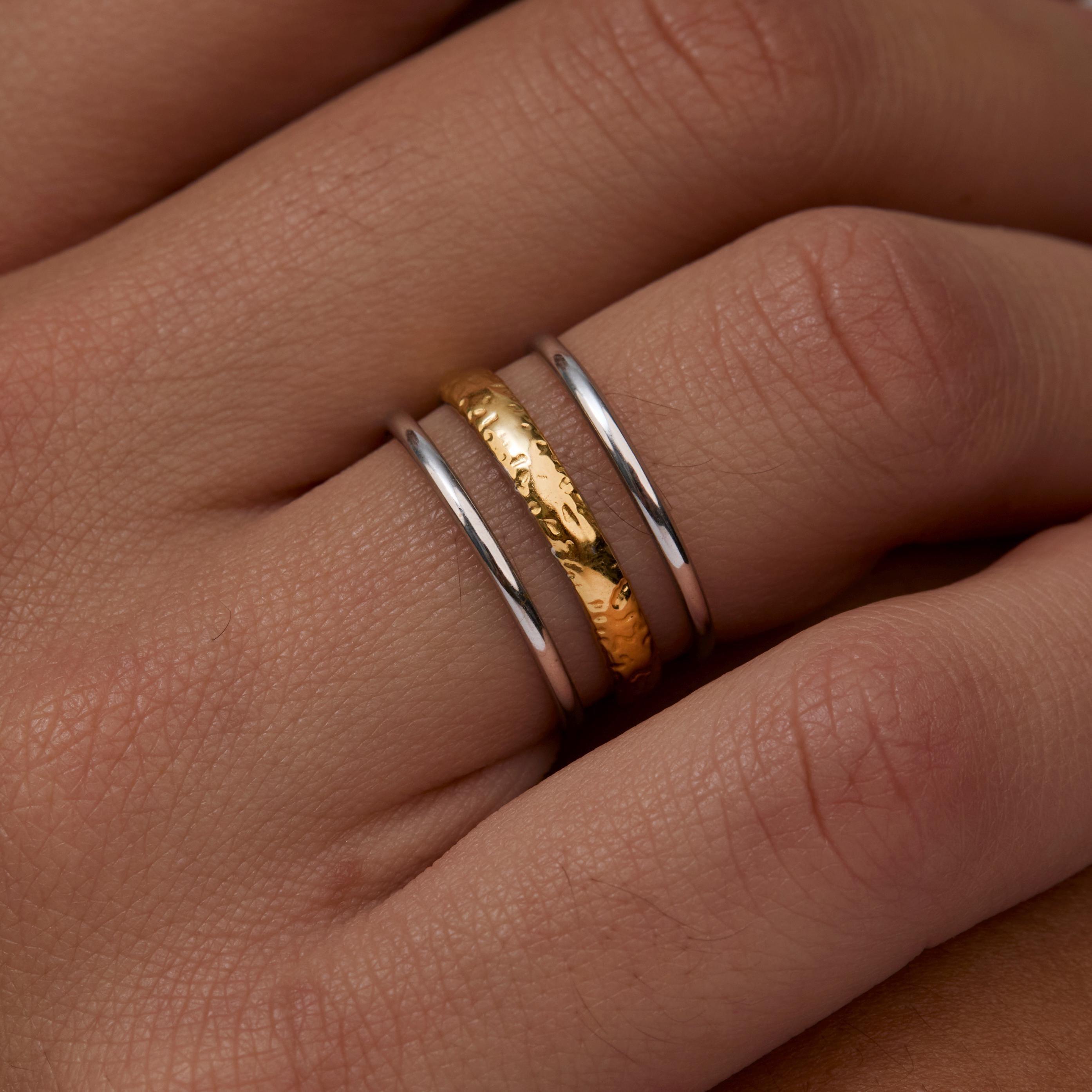Close detail of the Dual Color Stackable Ring in Gold-Plated Steel. Hypoallergenic, no green marks, premium handmade jewelry.