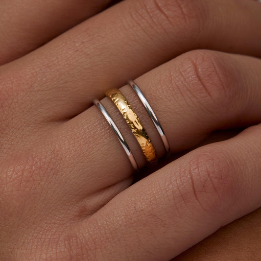 Close detail of the Dual Color Stackable Ring in Gold-Plated Steel. Hypoallergenic, no green marks, premium handmade jewelry.