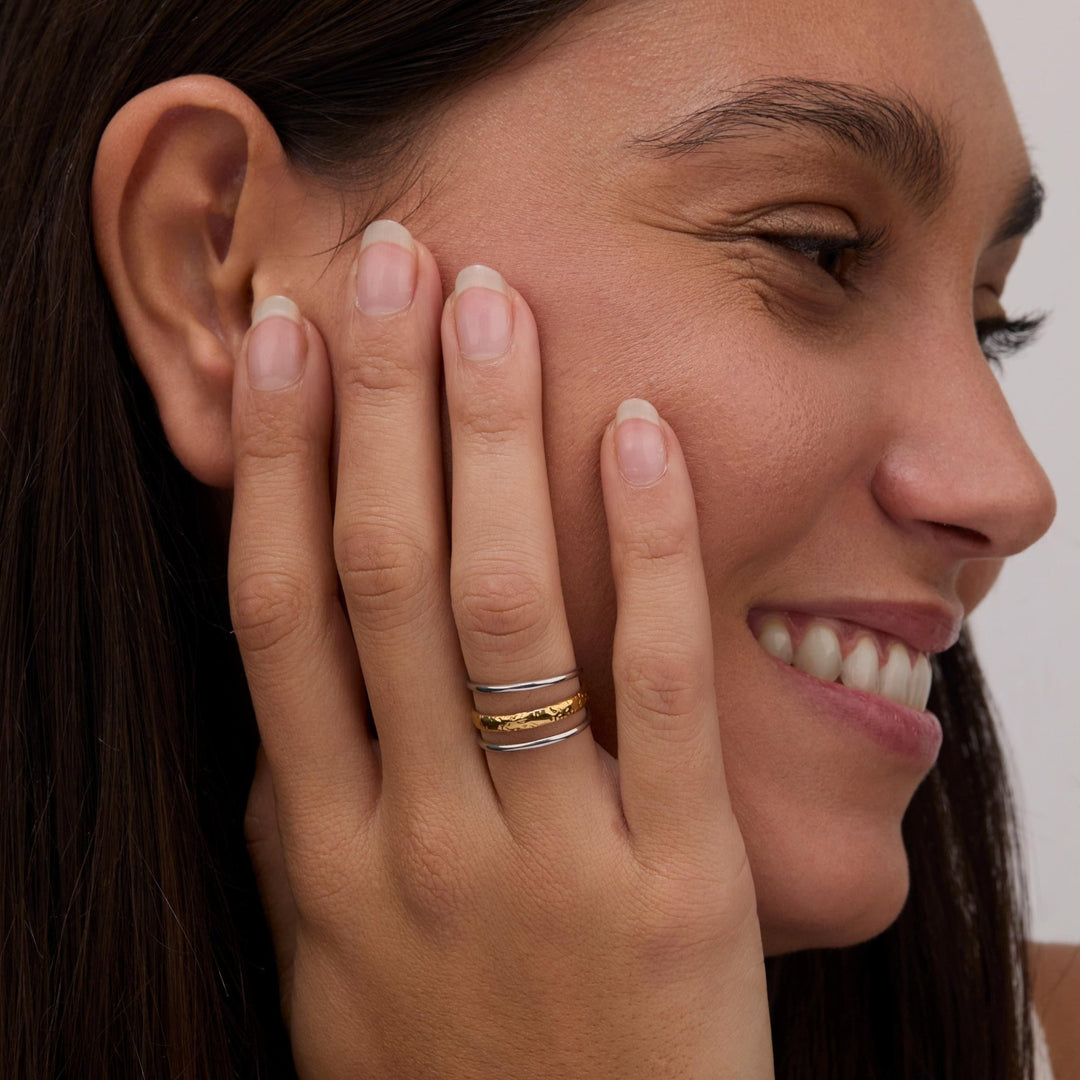 The Dual Color Stackable Ring styled in Gold-Plated Steel — elegant everyday jewelry. Tarnish-resistant.
