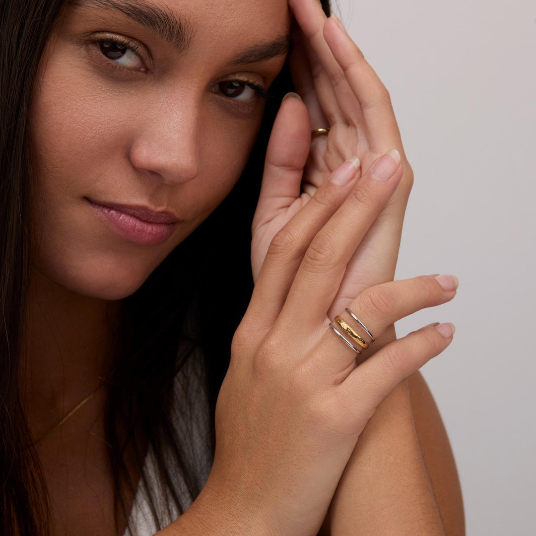 Macro detail of the Dual Color Stackable Ring showcasing craftsmanship in Gold-Plated Steel. Tarnish-resistant, handmade.