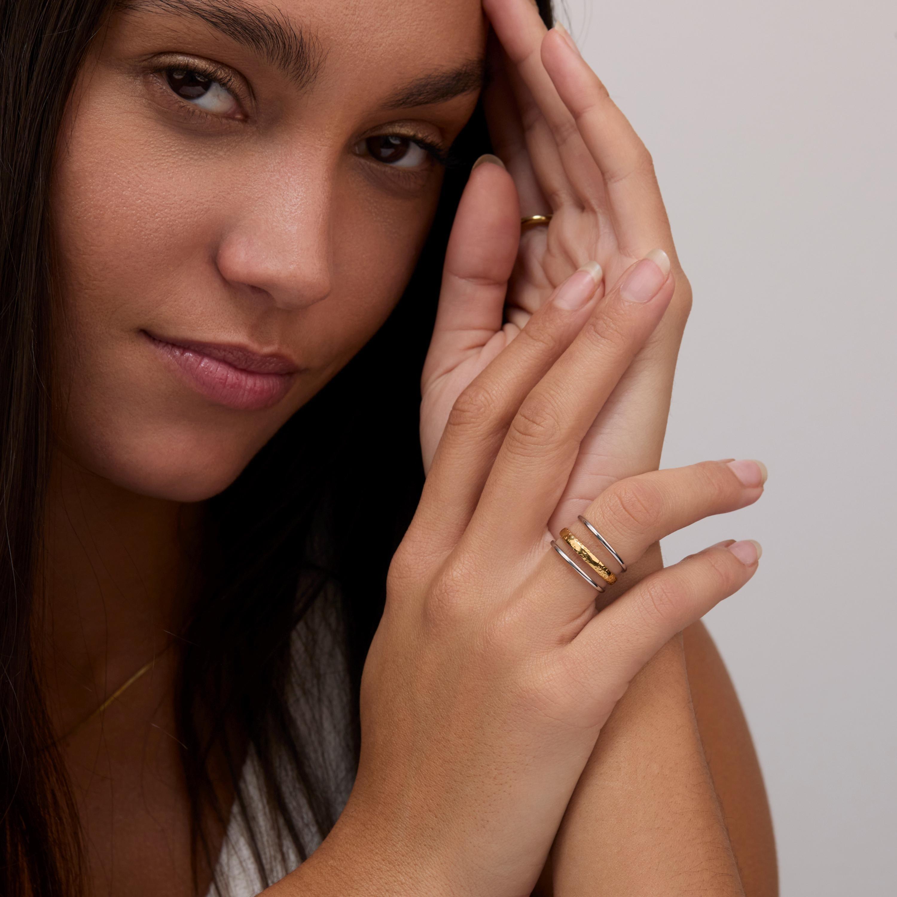 Macro detail of the Dual Color Stackable Ring showcasing craftsmanship in Gold-Plated Steel. Tarnish-resistant, handmade.