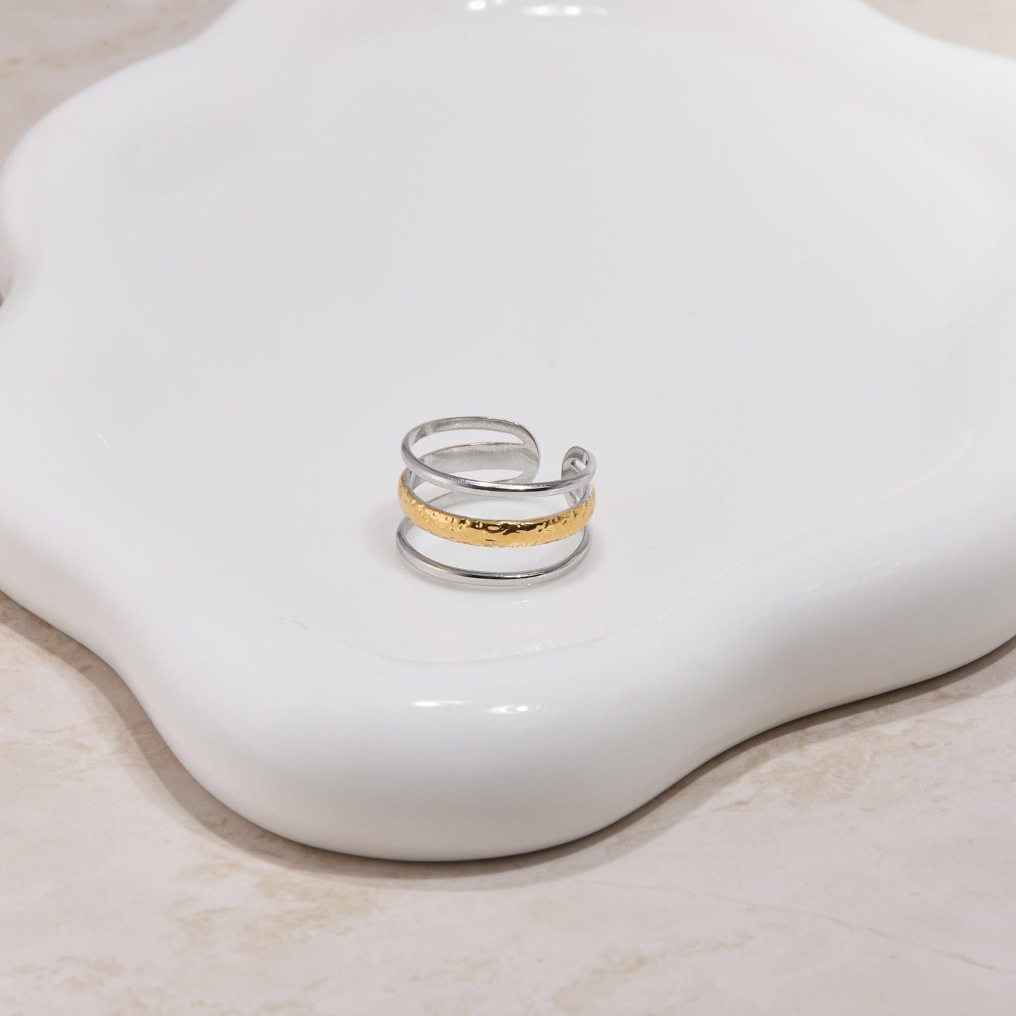 The Dual Color Stackable Ring as an anniversary gift in Gold-Plated Steel. Tarnish-resistant, made for keeping.