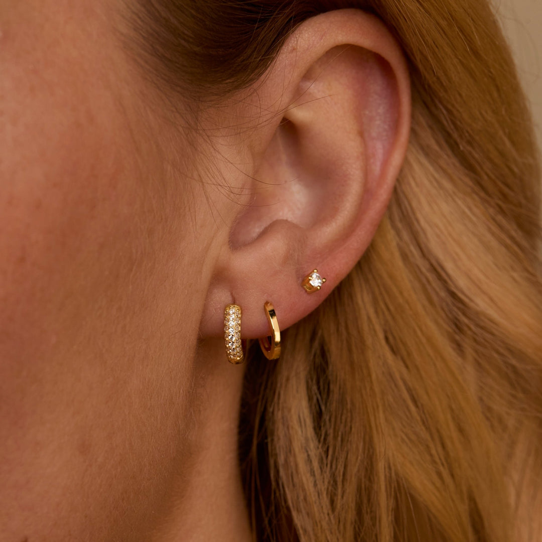 Macro detail of the Earring Set showcasing craftsmanship in 18K Gold Vermeil. No green marks, handmade.