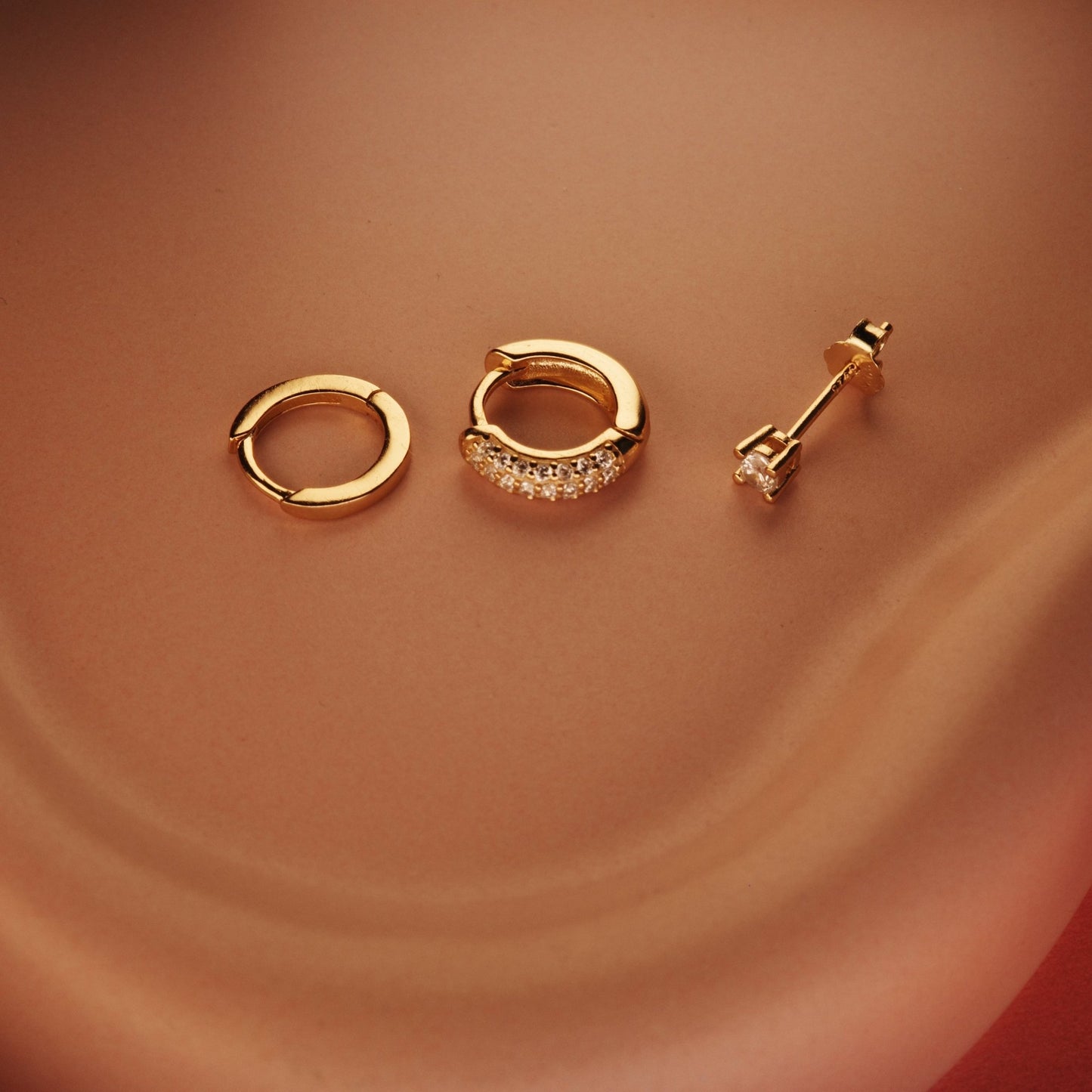 Earring Set styled with complementary pieces in 18K Gold Vermeil. Hypoallergenic for sensitive ears, layered looks.