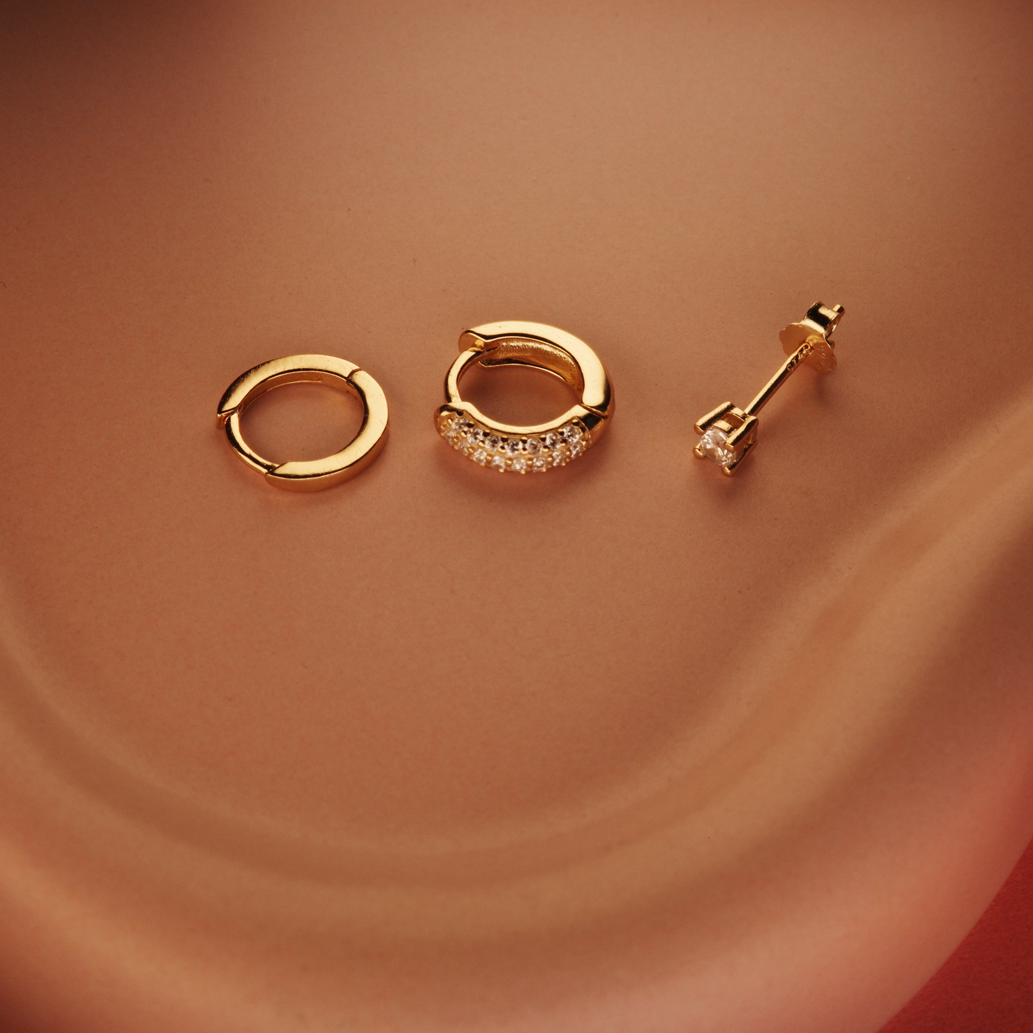 Earring Set styled with complementary pieces in 18K Gold Vermeil. Hypoallergenic for sensitive ears, layered looks.