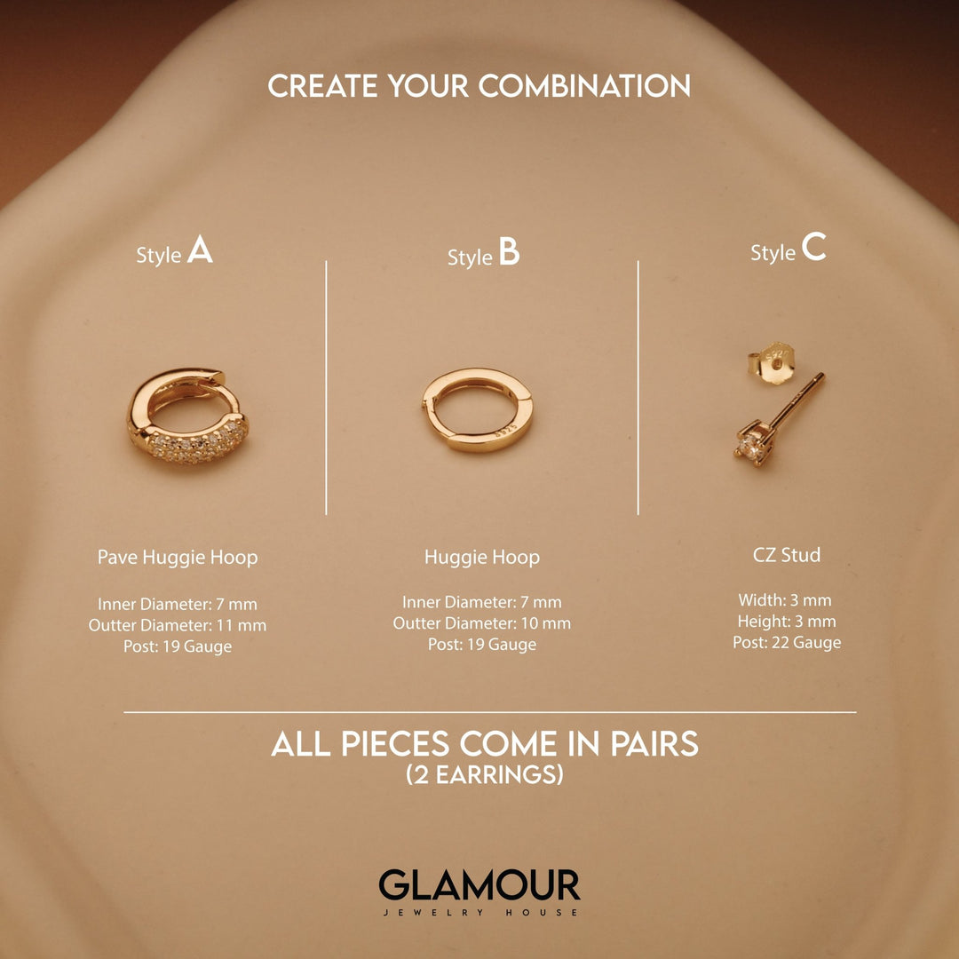 The Earring Set styled in 18K Gold Vermeil — elegant everyday jewelry. Hypoallergenic for sensitive ears.