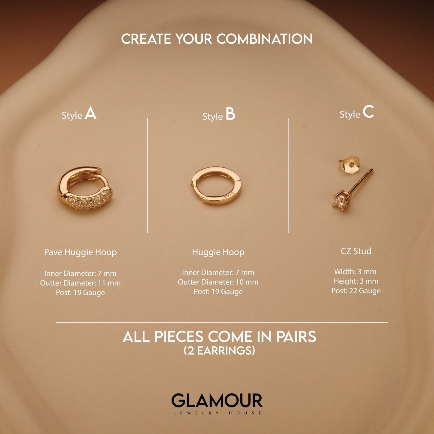 The Earring Set styled in 18K Gold Vermeil — elegant everyday jewelry. Hypoallergenic for sensitive ears.