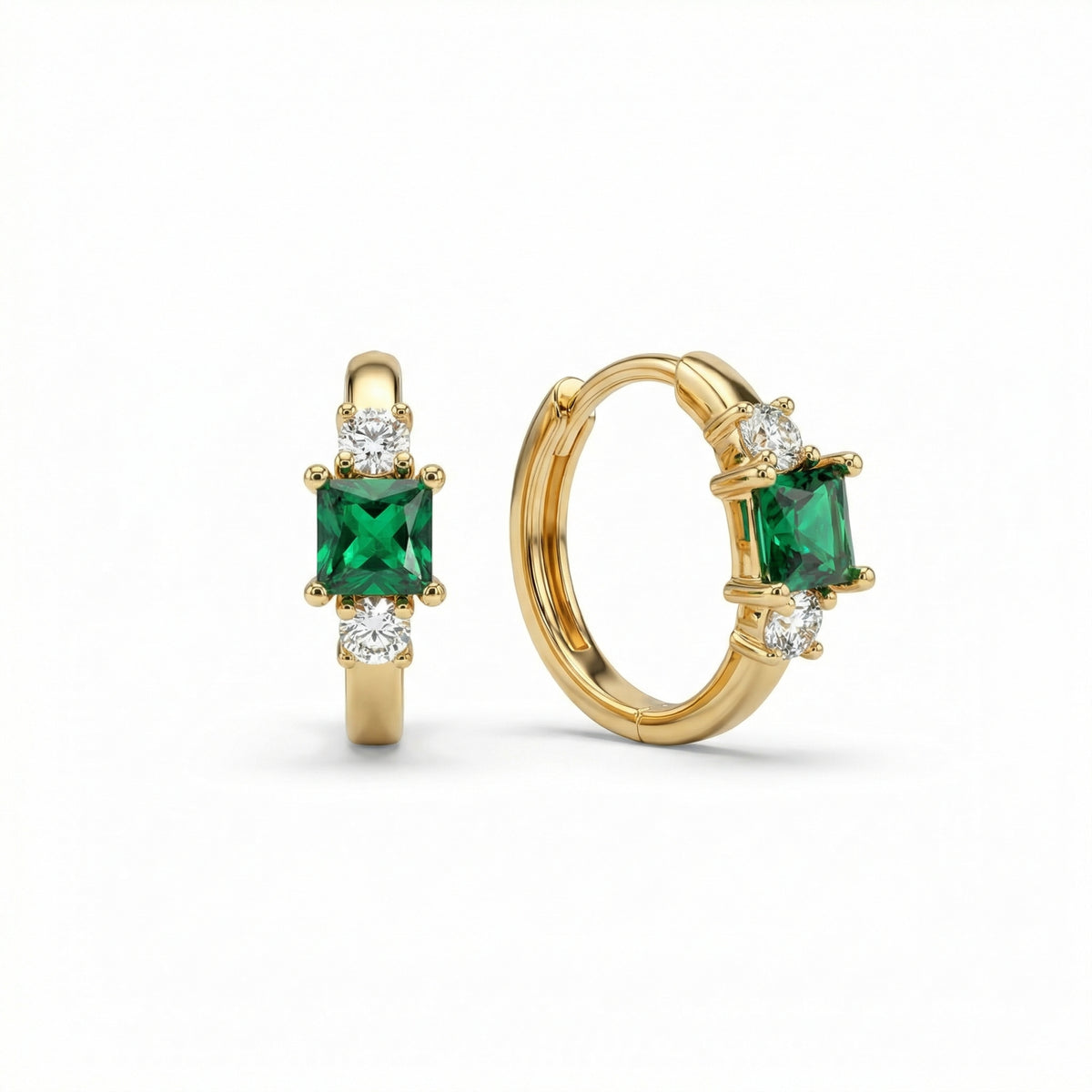 Emerald Hoop Dangle Earrings in 18K Gold Vermeil with CZ Diamond and Emerald (CZ). No green marks, perfect for daily wear.