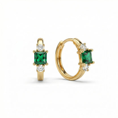 Emerald Hoop Dangle Earrings in 18K Gold Vermeil with CZ Diamond and Emerald (CZ). No green marks, perfect for daily wear.