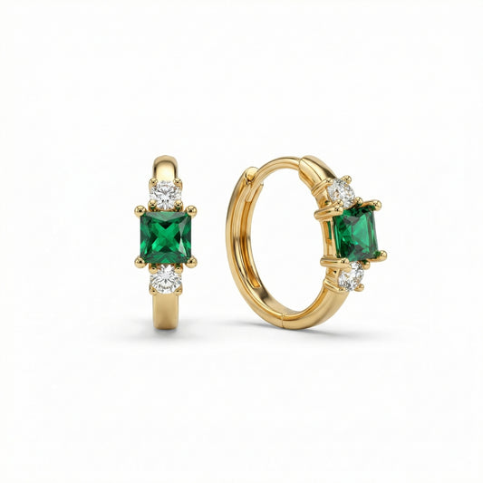 Emerald Hoop Dangle Earrings in 18K Gold Vermeil with CZ Diamond and Emerald (CZ). No green marks, perfect for daily wear.