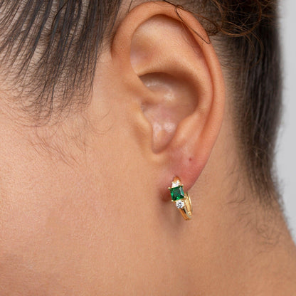 The Emerald Hoop Dangle Earrings styled in 18K Gold Vermeil — elegant everyday jewelry. Hypoallergenic for sensitive ears.
