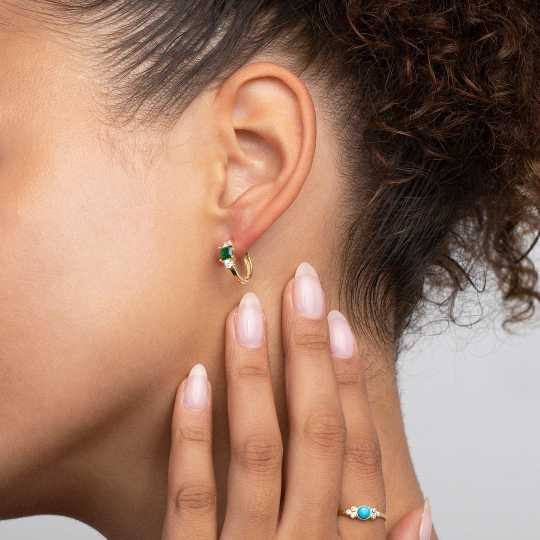Emerald Hoop Dangle Earrings in Glamour Jewelry House gift box — 18K Gold Vermeil anniversary gift. No green marks.