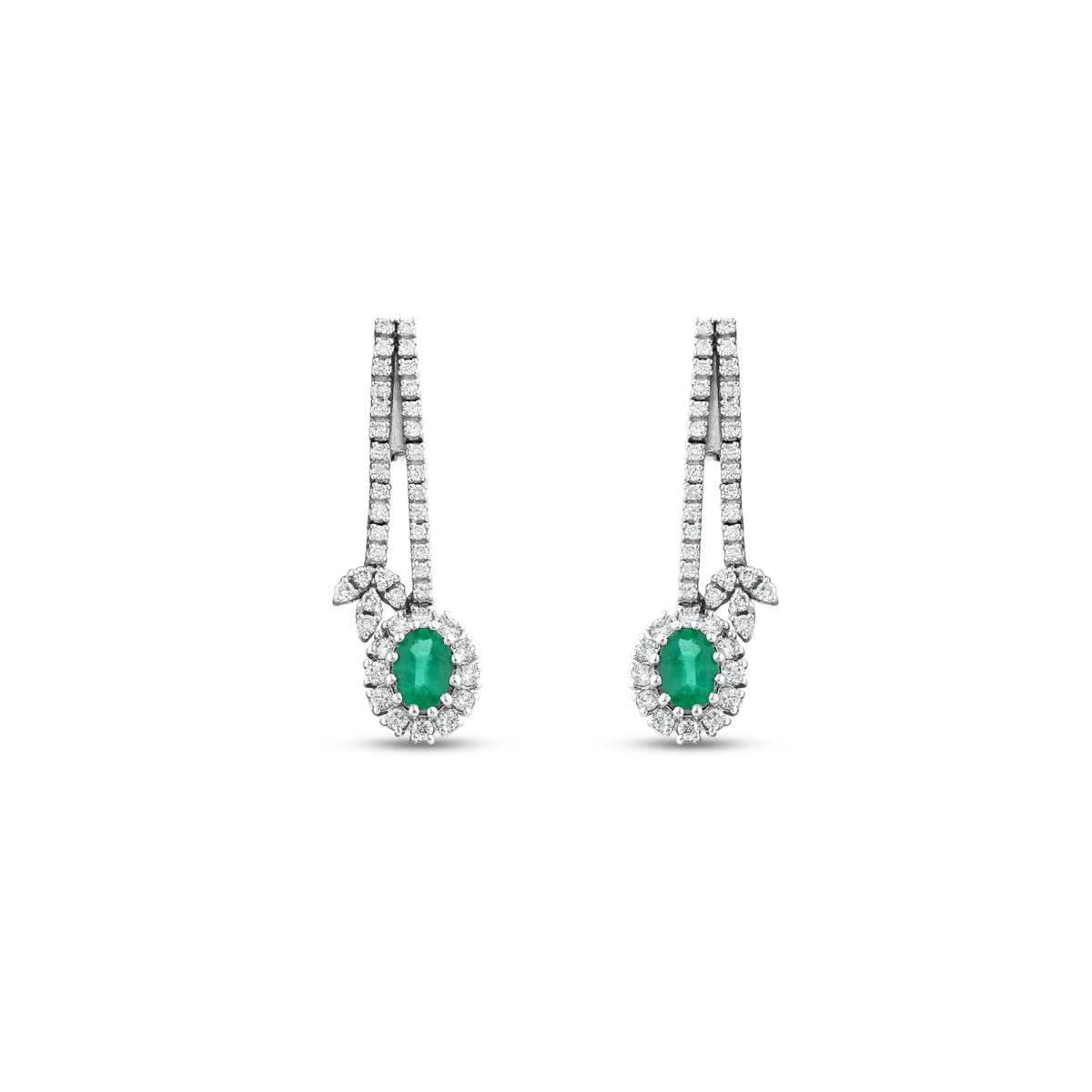 2.66 ct emerald and natural diamond halo drop earrings in 18K white gold, front view of the pair