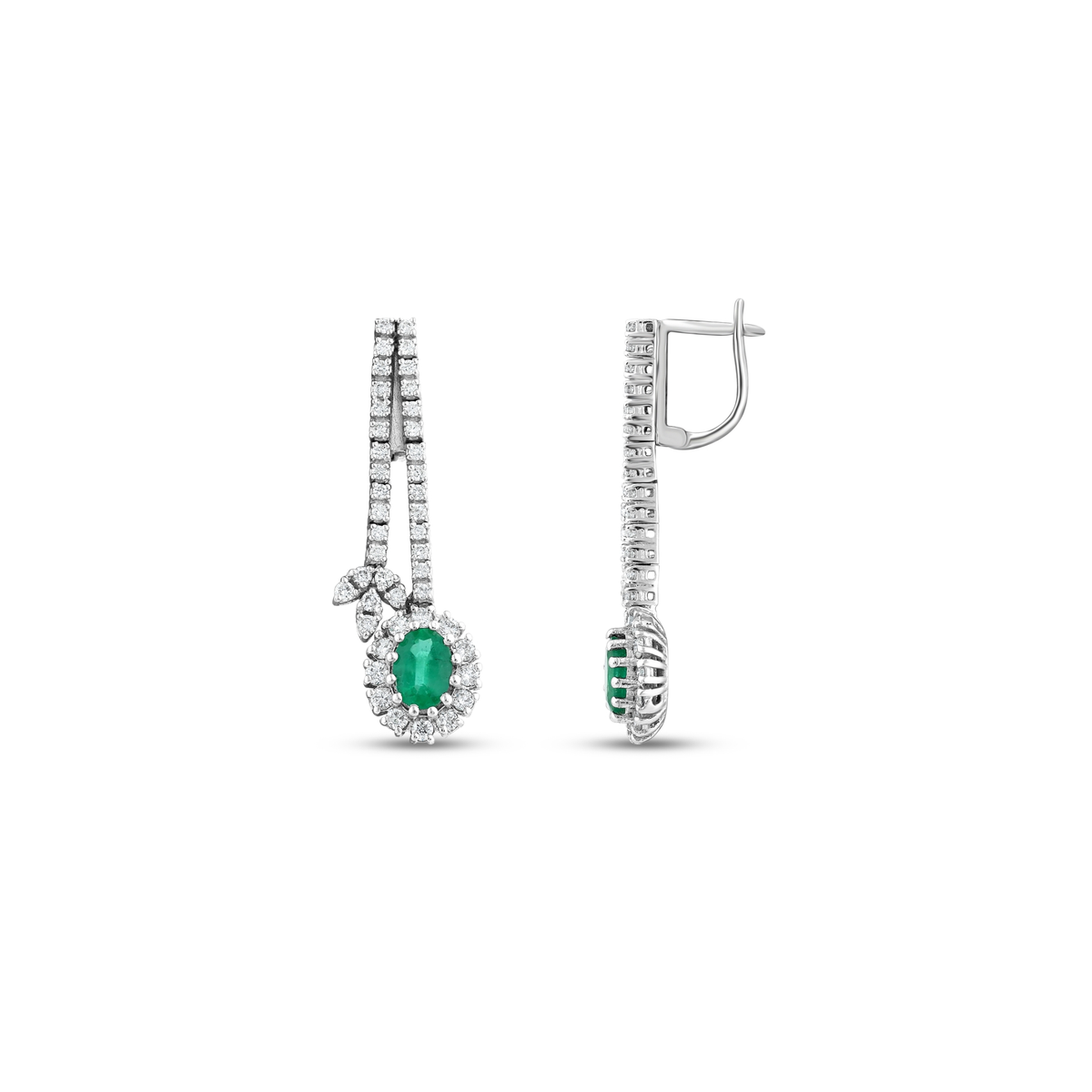 Emerald and natural diamond drop earrings in 18K white gold, front and side view showing the hinged lever-back