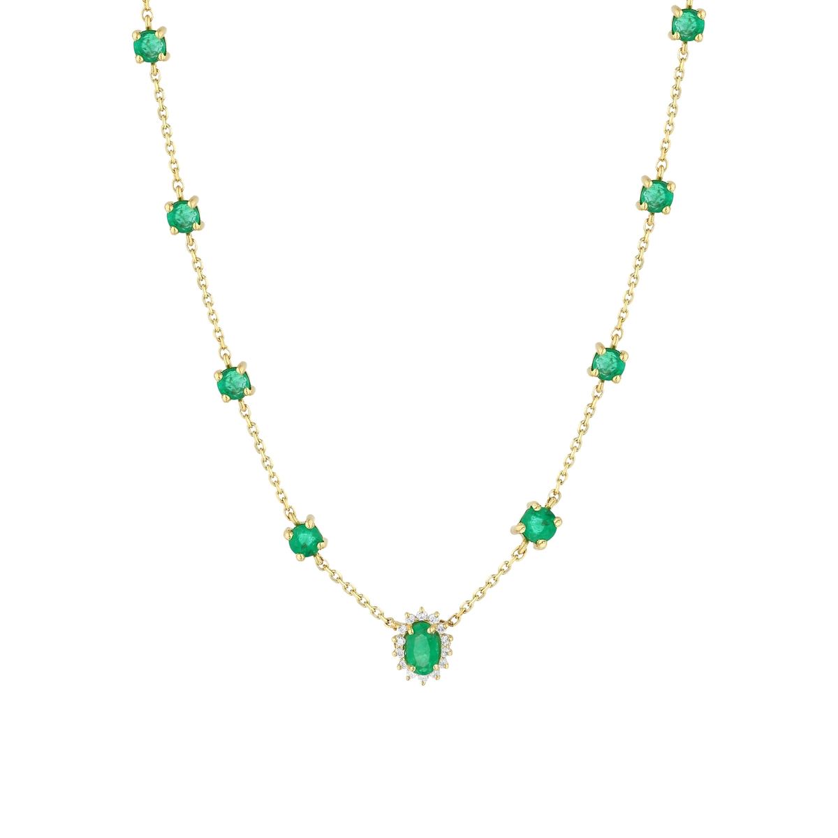 Emerald and natural diamond halo station necklace in 14K yellow gold, front view