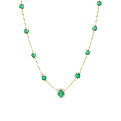 Emerald and natural diamond halo station necklace in 14K yellow gold, front view