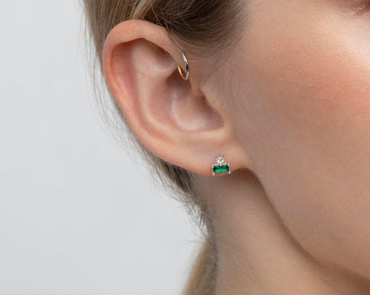Close detail of the Emerald Studs in 18K Gold Vermeil with CZ Diamond and Emerald (CZ). Tarnish-resistant, premium handmade.