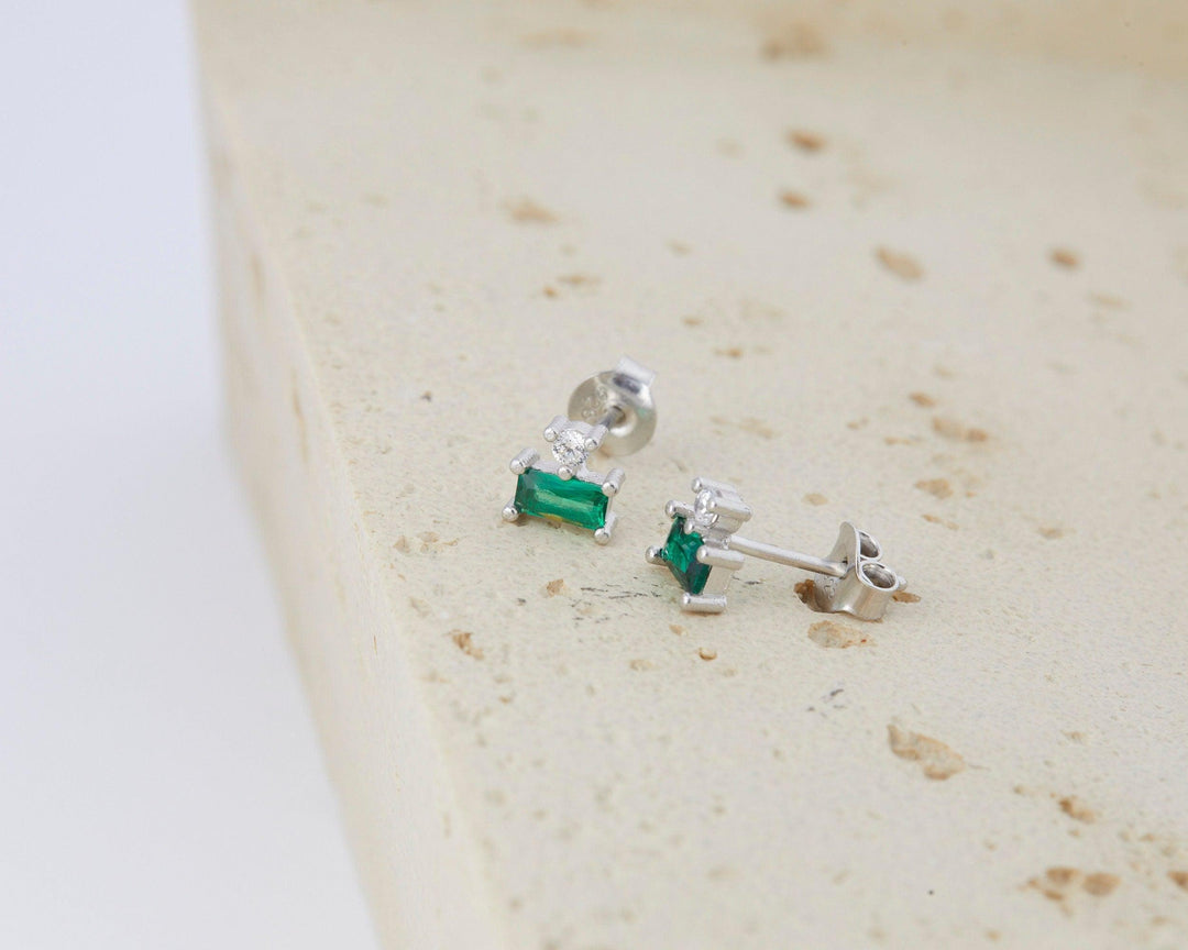 Emerald Studs as a thoughtful birthday gift in 18K Gold Vermeil with CZ Diamond and Emerald (CZ). Hypoallergenic.