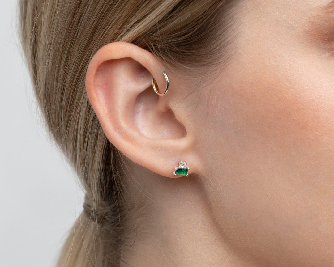 The Emerald Studs worn in 18K Gold Vermeil — refined accessory for women. Tarnish-resistant.