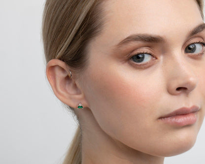 Emerald Studs in Glamour Jewelry House gift box — 18K Gold Vermeil anniversary gift. No green marks.