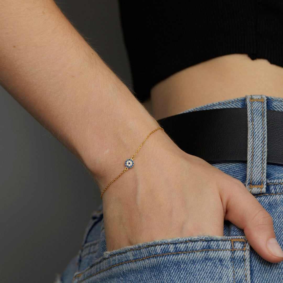 Macro detail of the Evil Eye Bracelet showcasing craftsmanship in 18K Gold Vermeil. Tarnish-resistant, handmade.