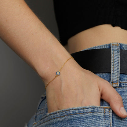 Macro detail of the Evil Eye Bracelet showcasing craftsmanship in 18K Gold Vermeil. Tarnish-resistant, handmade.