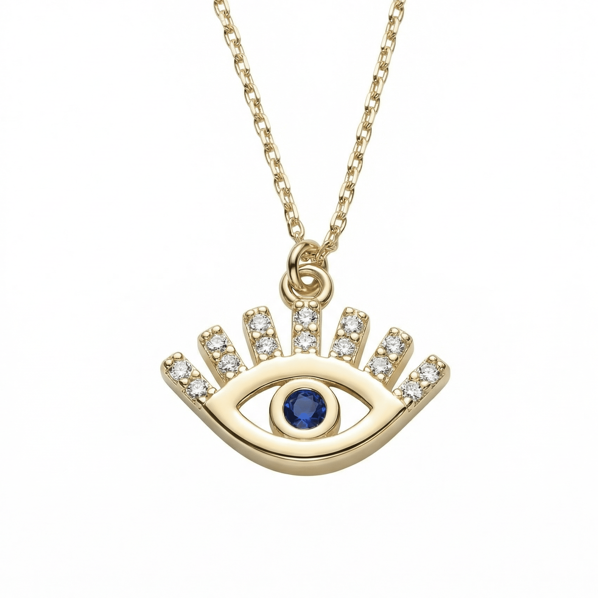 Evil eye pendant necklace in 14K solid gold, with 14 clear CZ along the lashes and a blue CZ at the center.