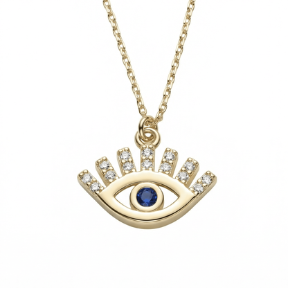 Evil eye pendant necklace in 14K solid gold, with 14 clear CZ along the lashes and a blue CZ at the center.