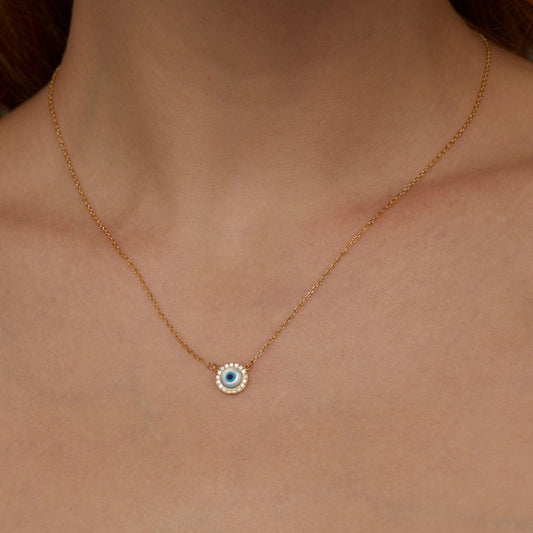 Close detail of the Evil Eye Necklace in 18K Gold Vermeil. Safe for sensitive skin, premium handmade jewelry.