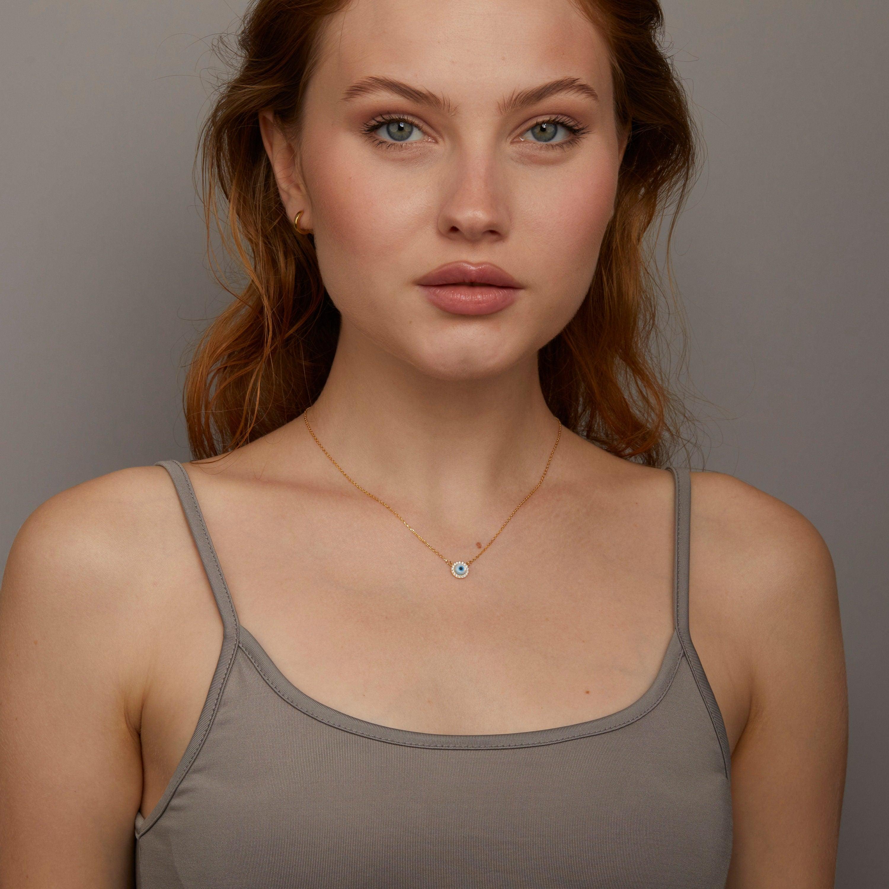 Evil Eye Necklace in Glamour Jewelry House gift box — 18K Gold Vermeil graduation gift. Tarnish-resistant.