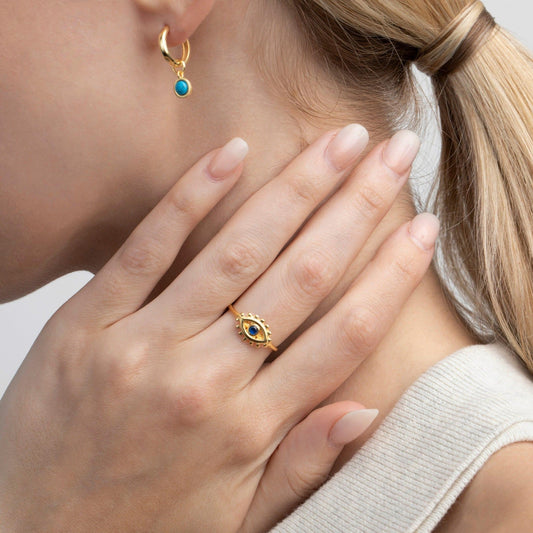 Close detail of the Evil Eye Ring in 18K Gold Vermeil. Hypoallergenic, no green marks, premium handmade jewelry.