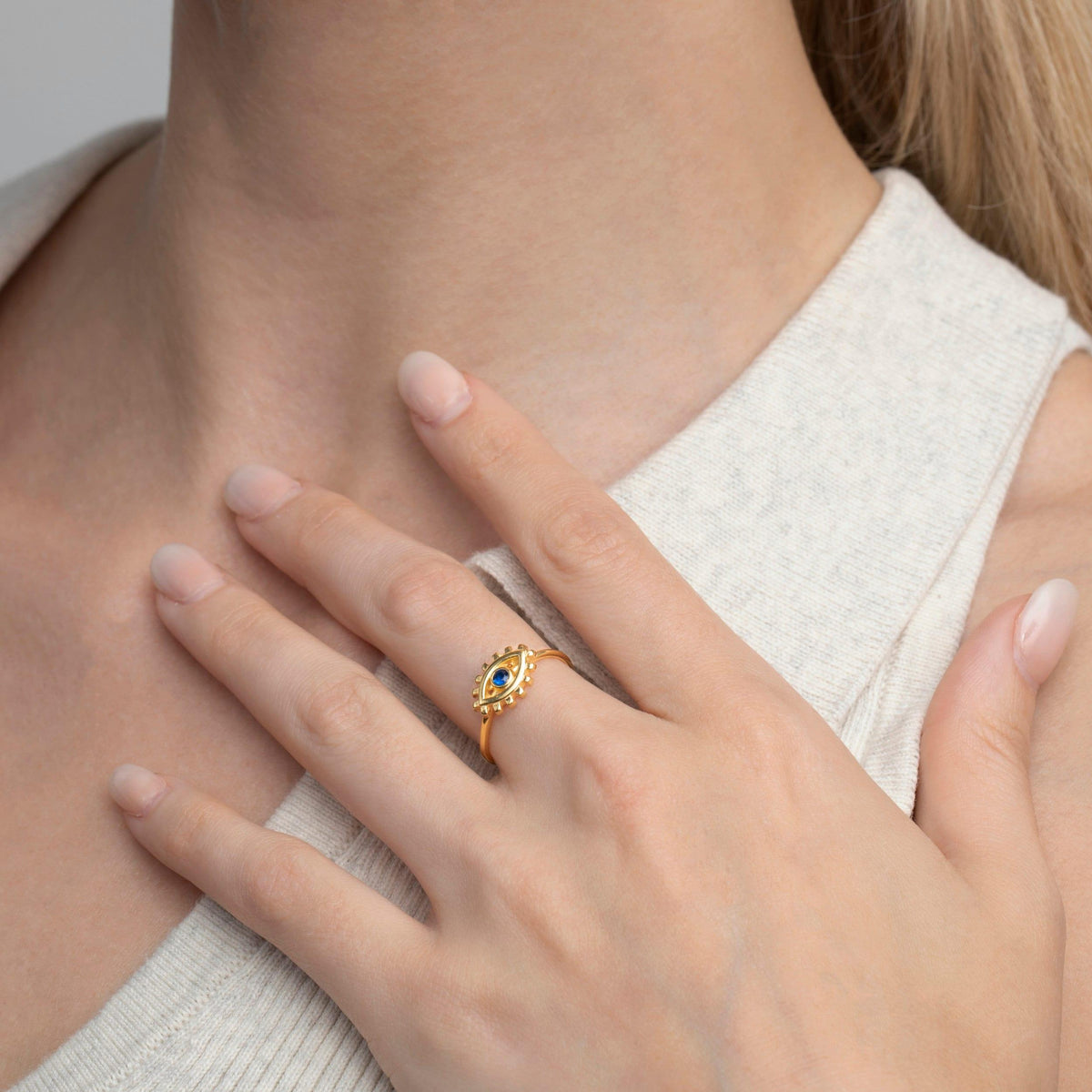 The Evil Eye Ring styled in 18K Gold Vermeil — elegant everyday jewelry. Tarnish-resistant.