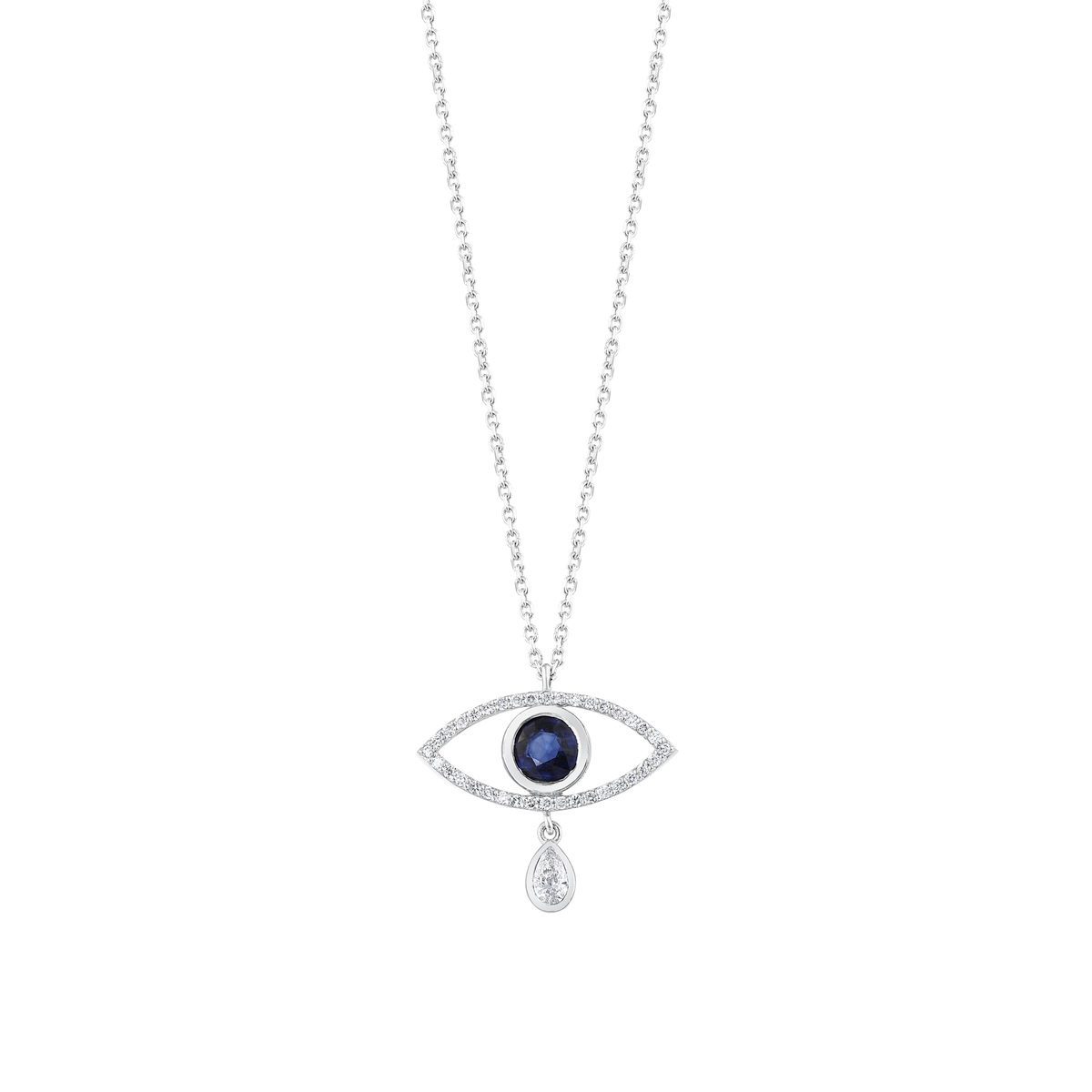 Evil eye pendant necklace in 14K solid white gold: a round blue sapphire inside an open outline of natural diamonds, with a pear-shaped natural diamond drop