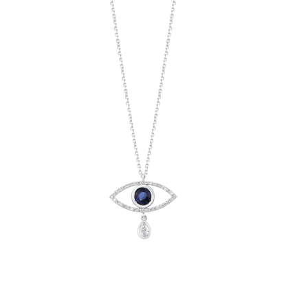Evil eye pendant necklace in 14K solid white gold: a round blue sapphire inside an open outline of natural diamonds, with a pear-shaped natural diamond drop