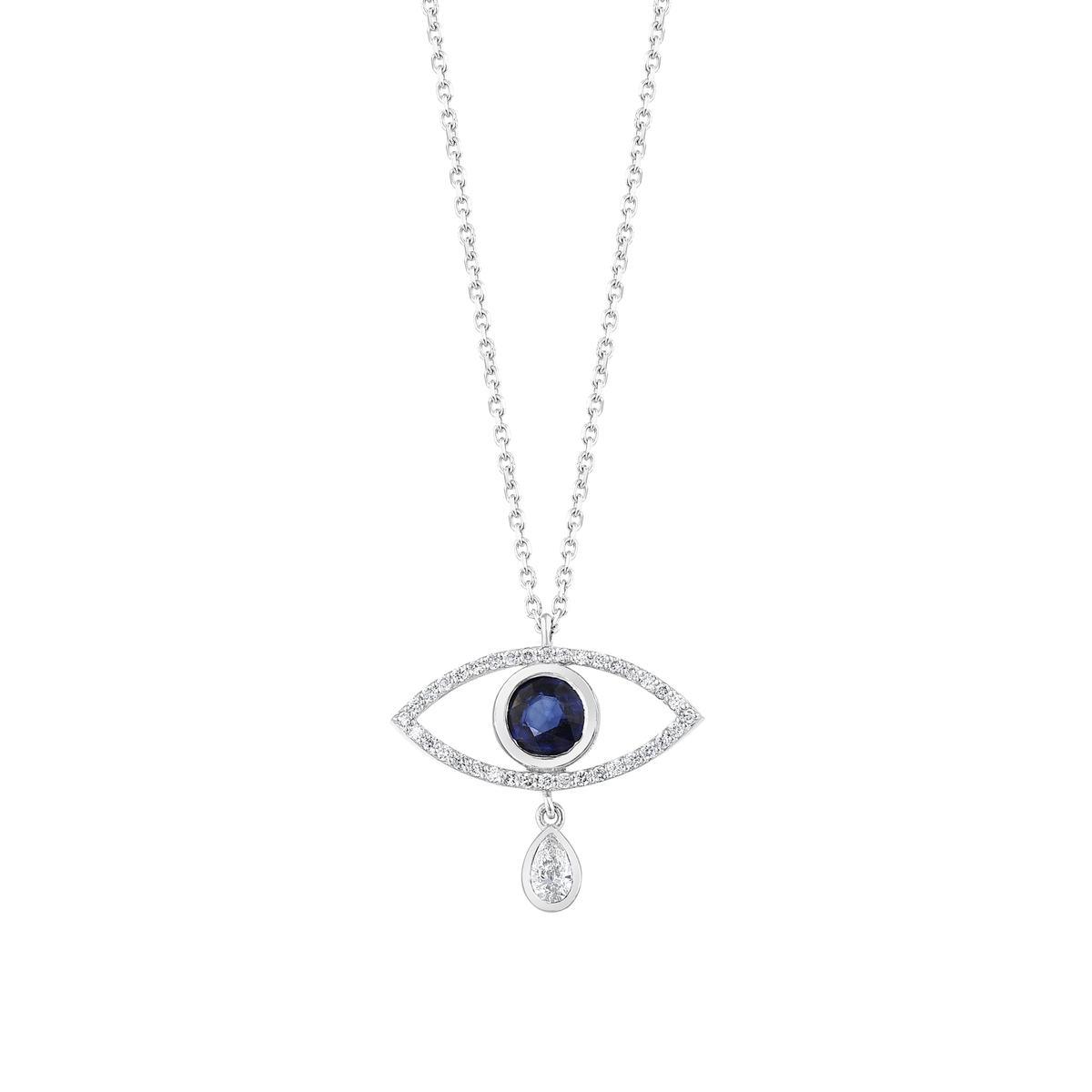 Close-up of the evil eye pendant: bezel-set blue sapphire, a single row of natural round diamonds and a swinging pear diamond drop in 14K white gold