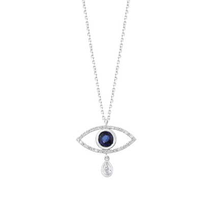 Close-up of the evil eye pendant: bezel-set blue sapphire, a single row of natural round diamonds and a swinging pear diamond drop in 14K white gold