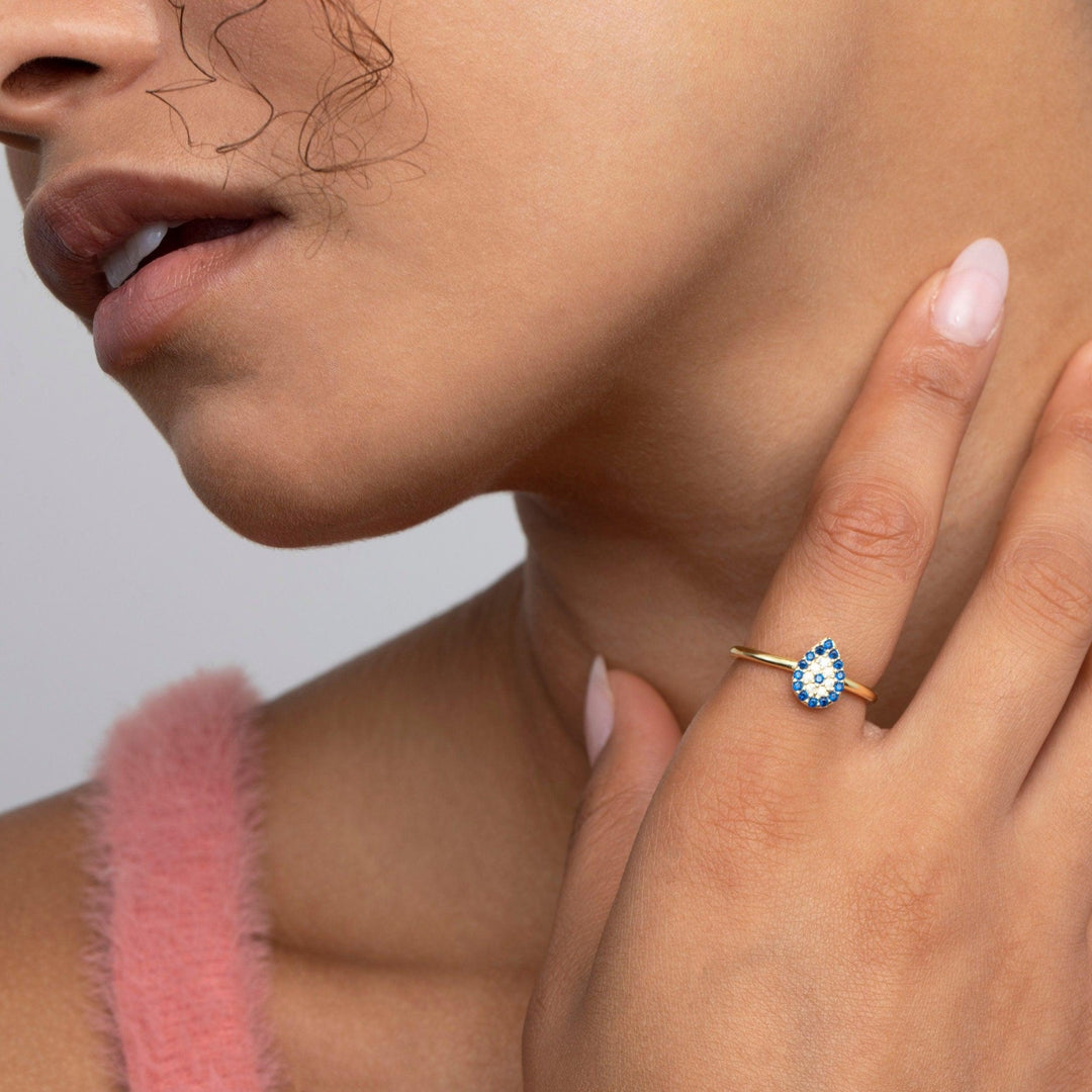 Evil Eye Stackable Ring in Glamour Jewelry House gift box — 18K Gold Vermeil graduation gift. Hypoallergenic, no green marks.