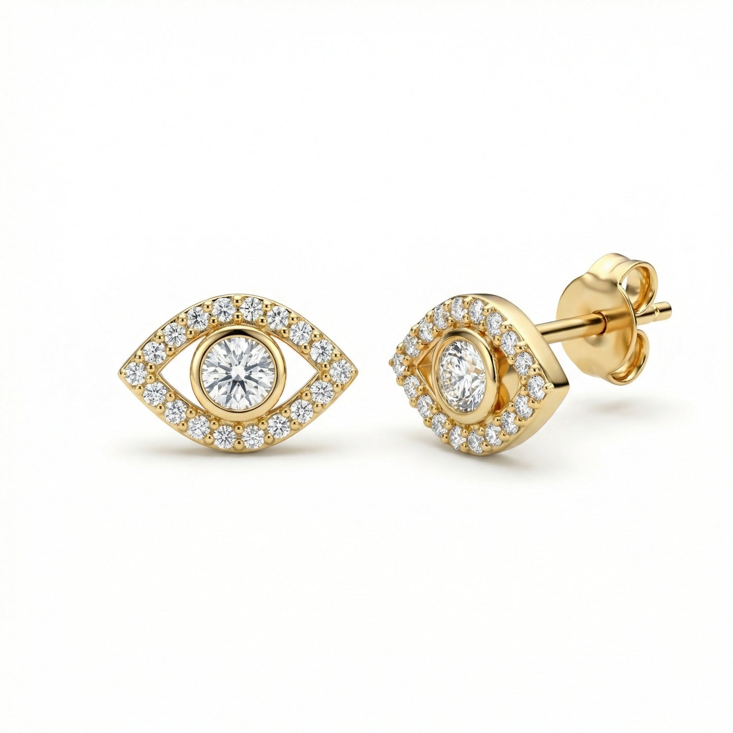 Evil Eye Stud Earrings in 18K Gold Vermeil. No green marks, perfect for daily wear.